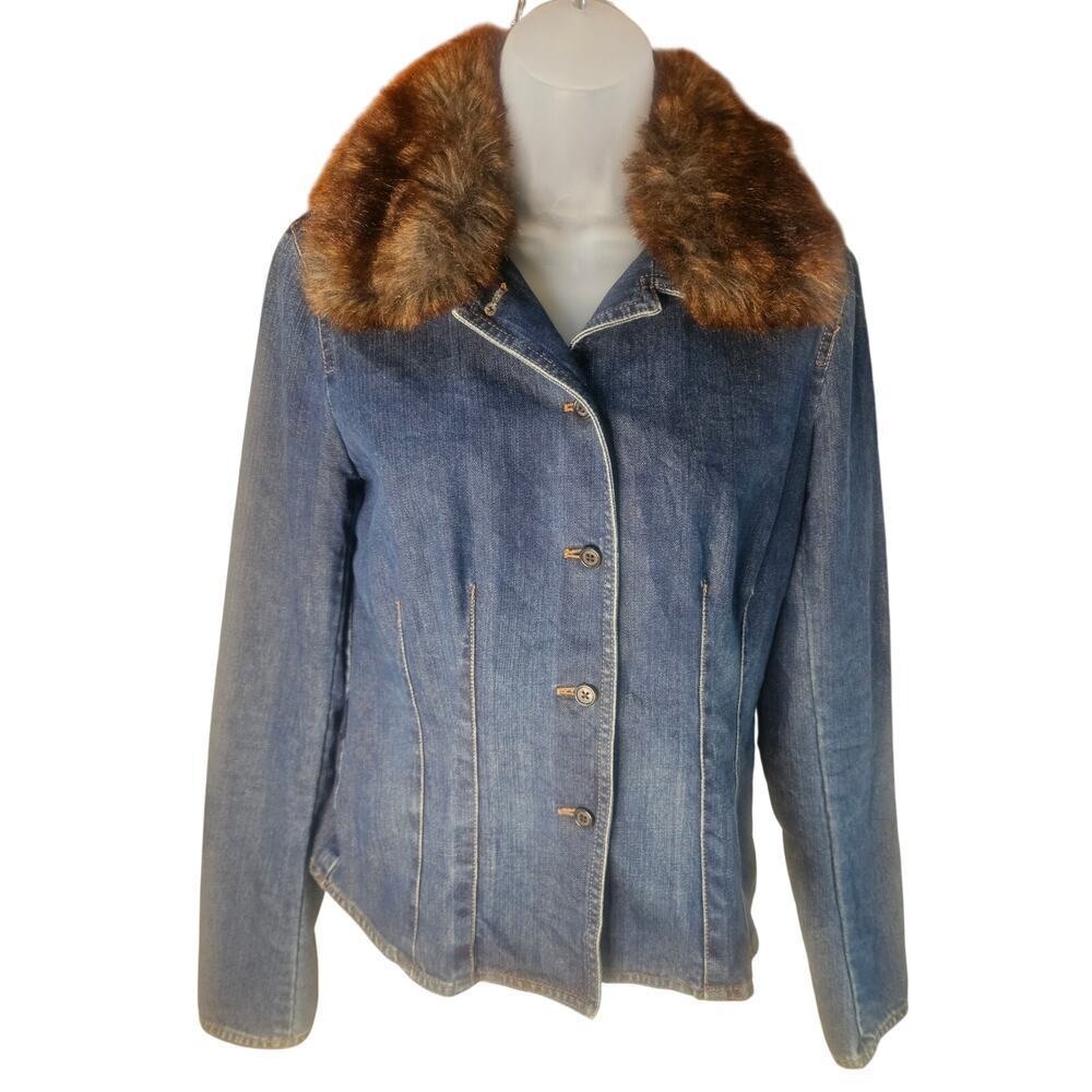Ralph Lauren Denim Jacket Sz Sm Y2K Faux Fur Stitching Button Up - Picture 2 of 7